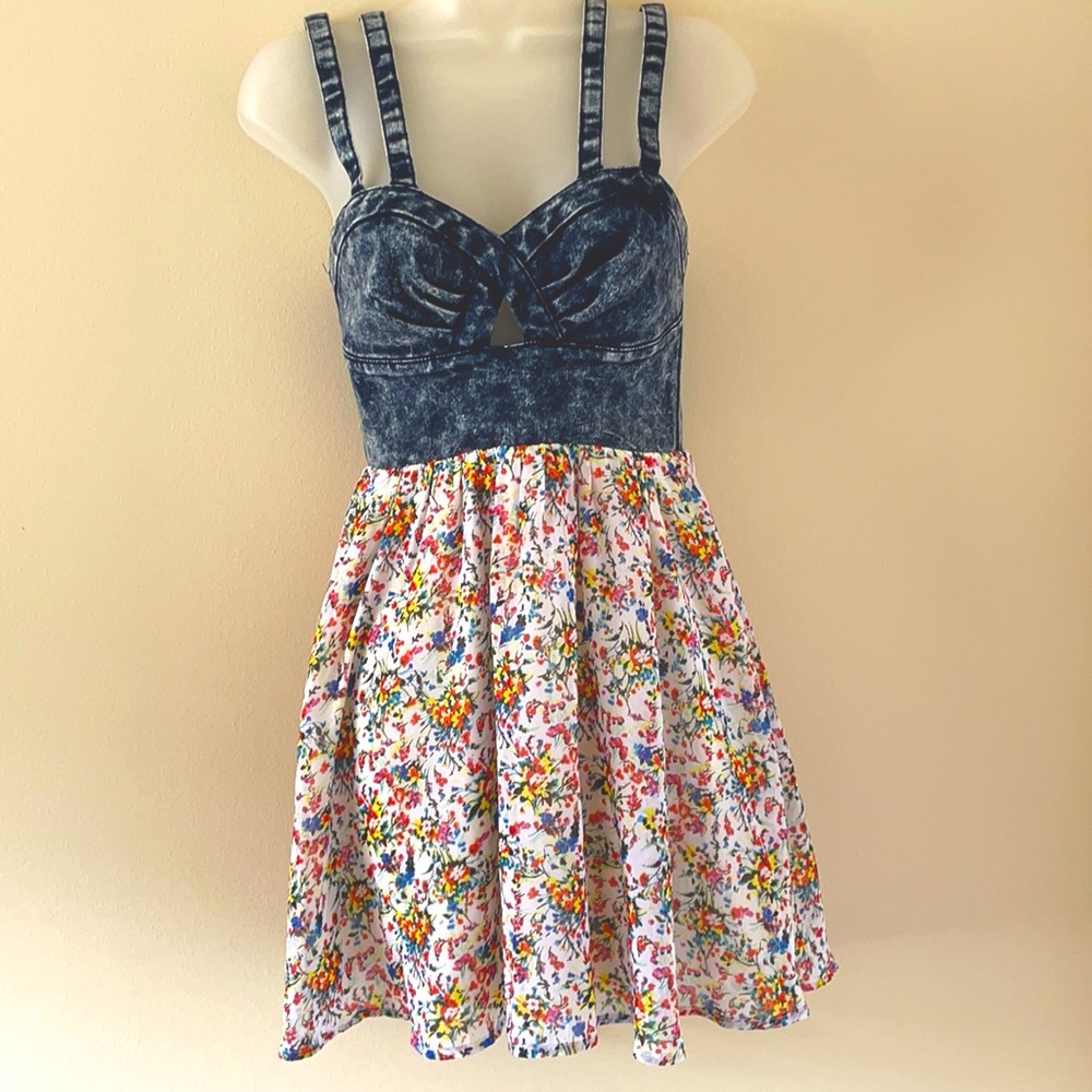 Material Girl Floral Denim Spring Summer Dress XS